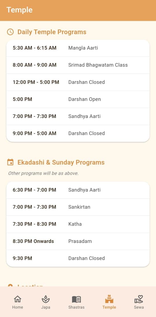 Temple Schedule
